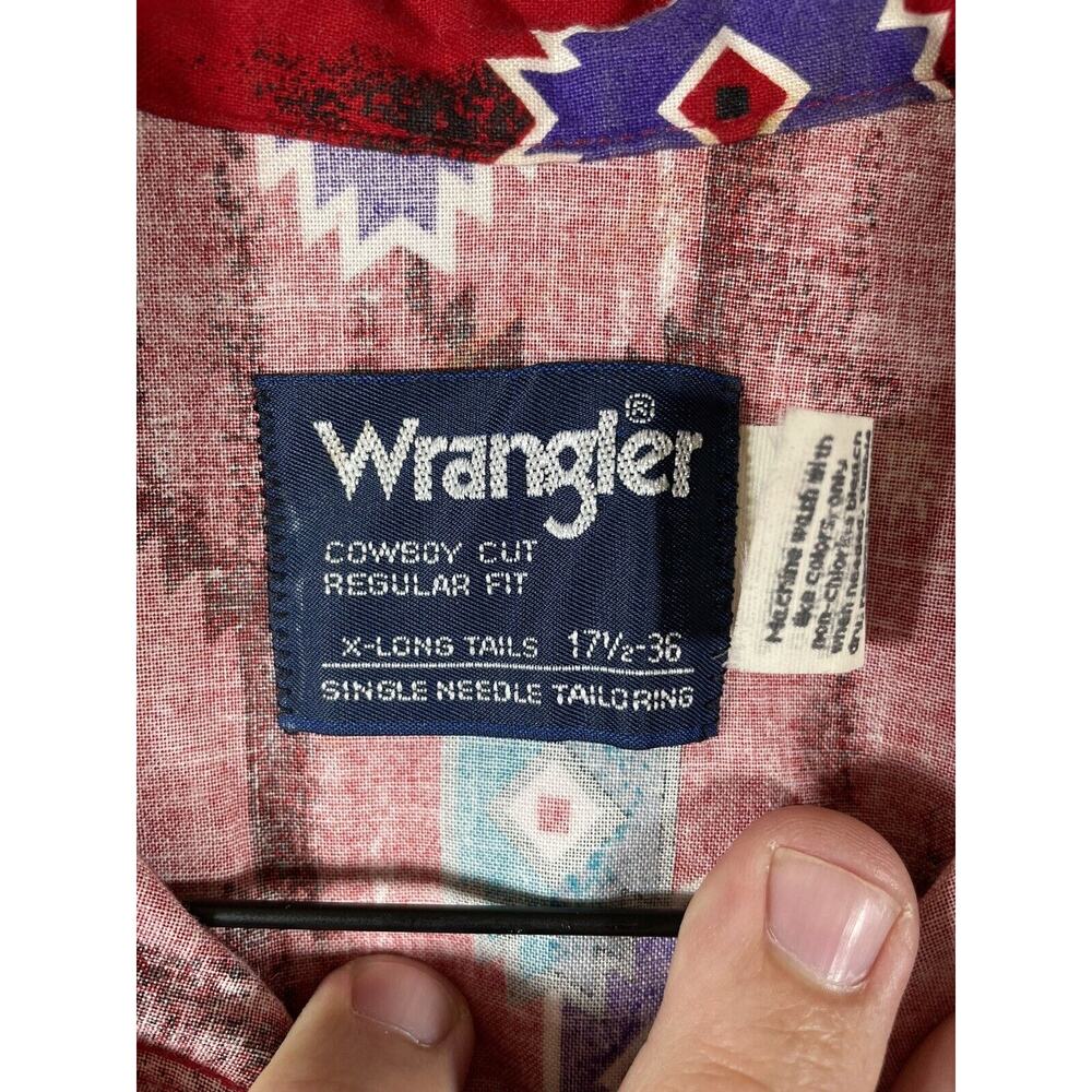 Vintage Wrangler Button Up Extra Long Tail Shirt Men's 17.5-36 Red Cowboy - Picture 7 of 14